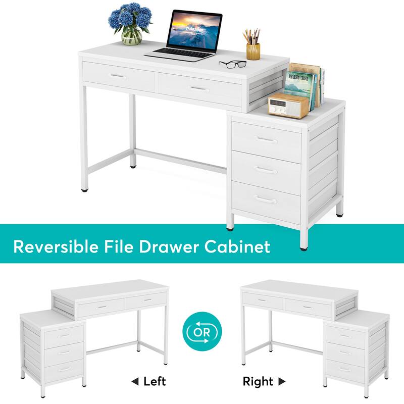 Modern Computer Desk with 5 Drawers, Home Office Desks with Reversible Drawer Cabinet Printer Stand