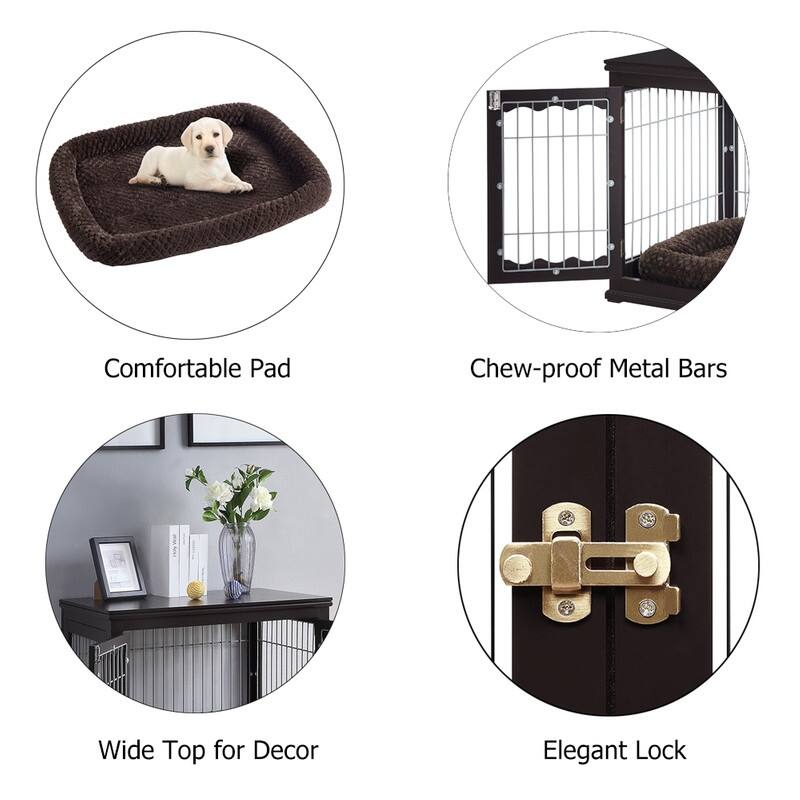 Unipaws Pet Crate End Table, Wooden Wire Dog Kennel with Pet Bed - Espresso
