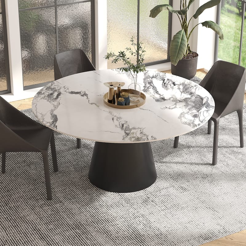 Modern Round Rock Slabs Black Titanium Stainless Steel Pedestal Dining Table