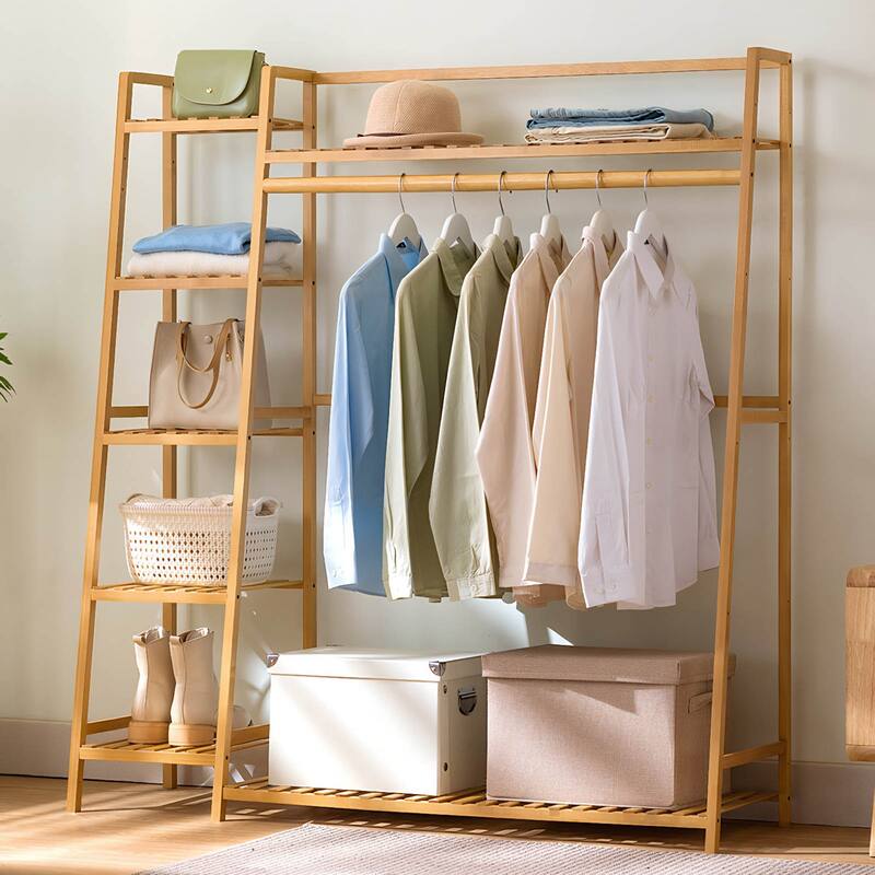 Bamboo Clothing Garment Rack Free Standing Clothes Coat Hanger - Natural