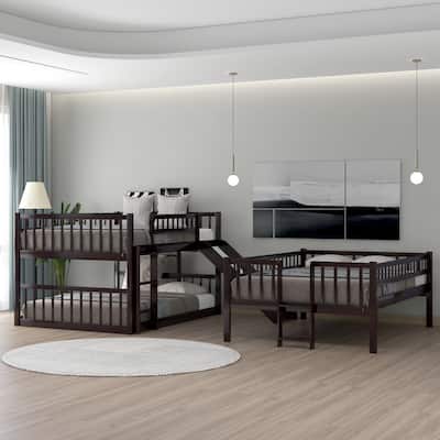 Espresso Full-Over-Full-Over-Full Triple Bunk Bed with Ladder, Slide and Mission Slats Style Guardrails, Total 3 Full Beds
