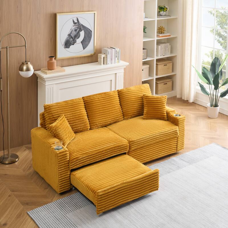 80-inch Orange Corduroy Pull-out Sofa with Foldable Reclining Function