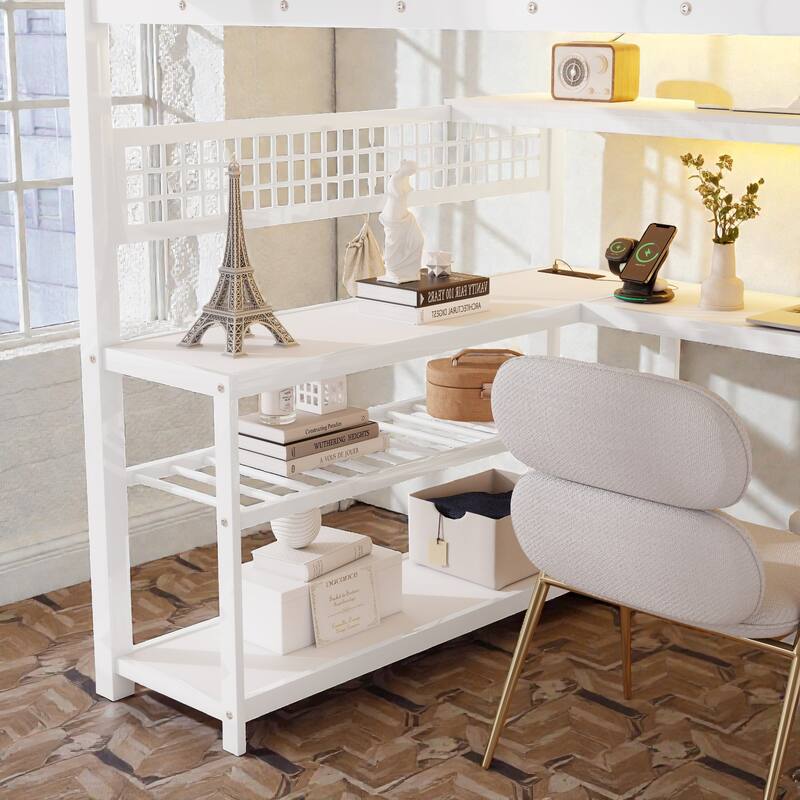 Full Size Metal Loft Bed with Staircase Storage, Wardrobe, L-Shaped Desk, Shelves, LED Lights and USB Charging Station