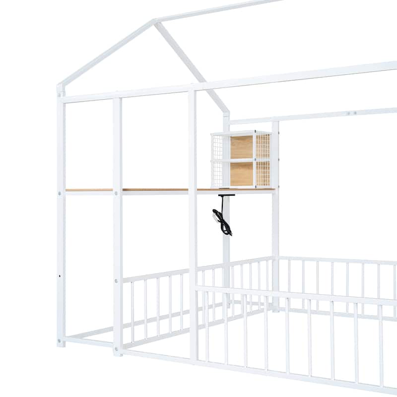 Full Size Metal Bed House Bed Frame with Desk, Shelves, Power Outlets and USB Ports, White