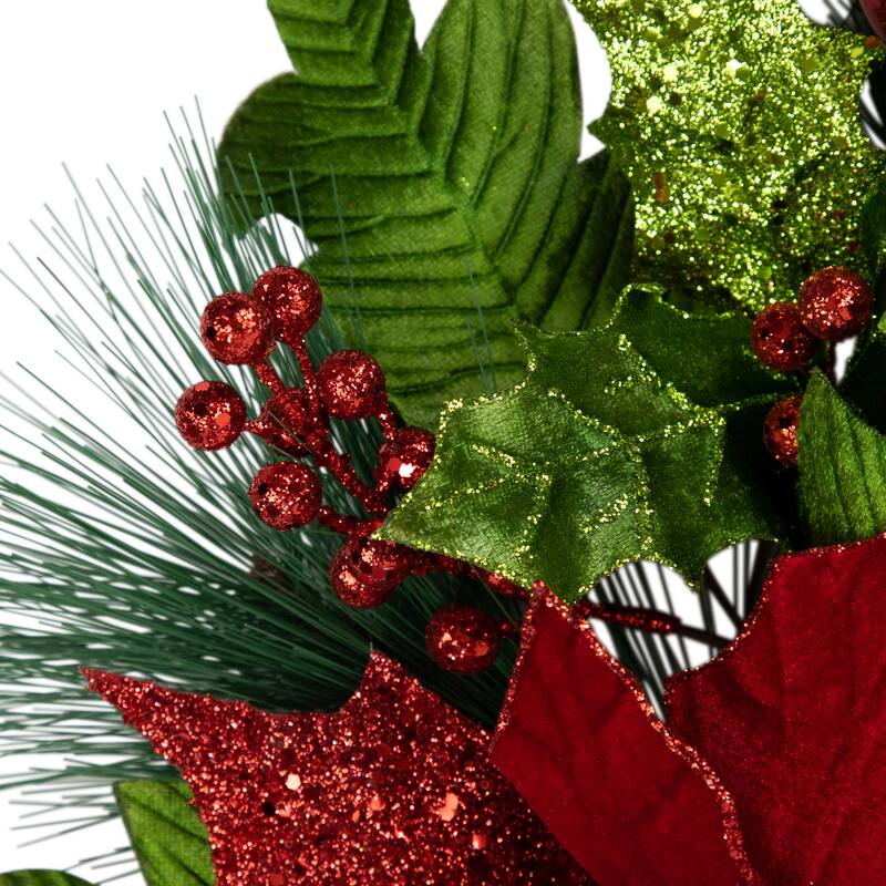 24" Glittered Red Poinsettia and Long Pine Christmas Wreath, Unlit