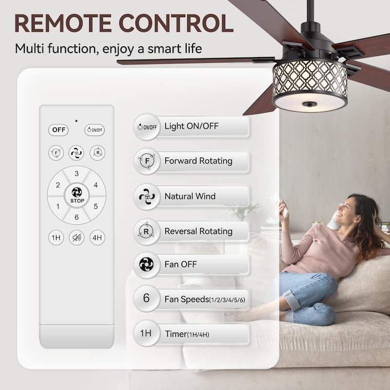 52" Reversible 5-Blade Caged Ceiling Fan with Light and Remote