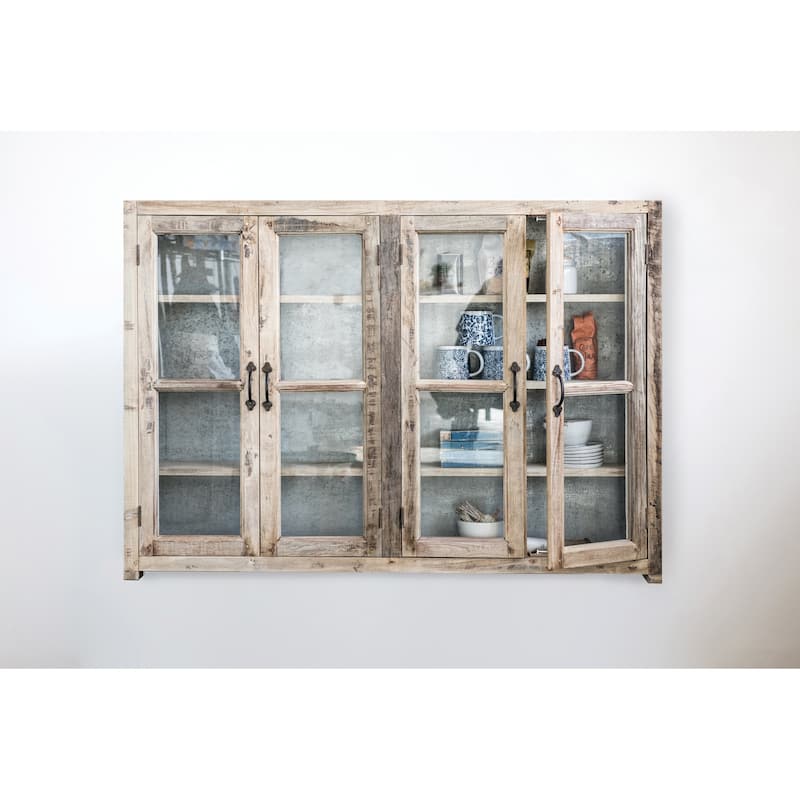 Reclaimed Wood Cabinet with 4 Glass Doors, 4 Shelves & Zinc Metal Backing (Each one will vary)