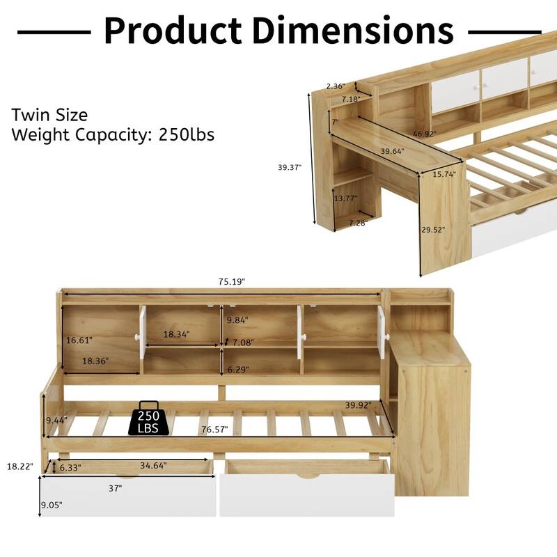 Modern Wooden L-shape Multi-functional Daybed with Study Desk and Built-in Bookshelf