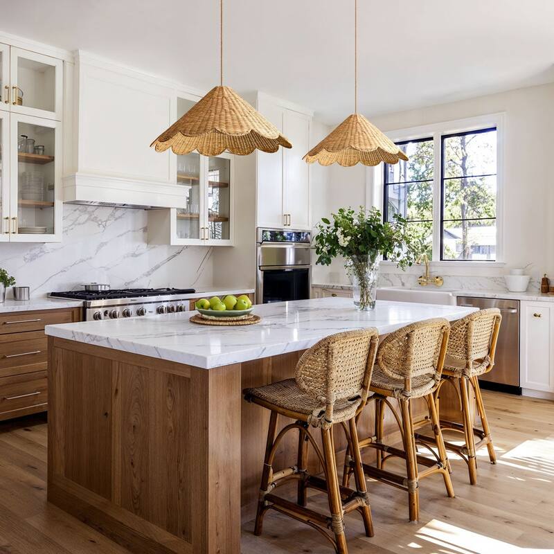 Daisy Rattan Pendant Light - Natural Large Cone 1-Light Handwoven Light Fixture For Modern, Coastal, Farmhouse, Boho Room Décor