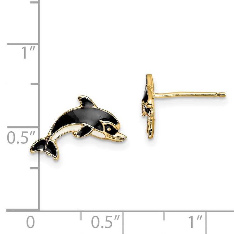Curata 14k Yellow Gold Enamel Dolphin Post Earrings Black and White 8.3x14.8mm
