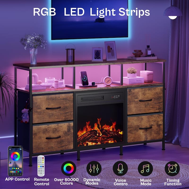 BOSSIN Fireplace TV Stand & Entertainment Center with LED Lights, 4 PU Leather Drawers, Open Shelves, and Built-in Power Outlets