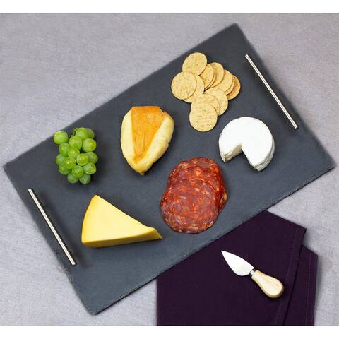 Home Basics Slate Serving Tray with Stainless Steel Handles, Black, 12x16 Inches - 12x16 Inches
