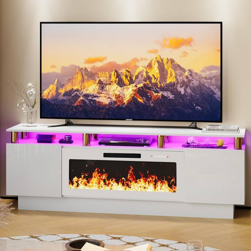 BOSSIN 70" Modern Electric Fireplace TV Stand, with Electronic Flame and LED Lights, High Gloss Finish Entertainment Center - New-White Gold