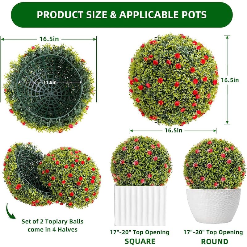 2 Pack 16.5" Artificial Flowers Topiary Balls for Home Decor, Wedding - 16.5 inch