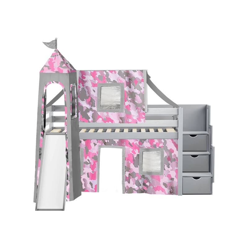 JACKPOT Prince & Princess Low Loft Twin Bed, Stairs Slide Tent & Tower