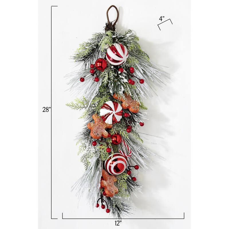 28" Snowy Christmas Artificial Pine Berry Ball Floral Teardrop With Gingerbread Men - 28