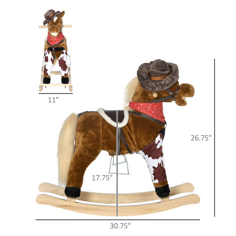 Kids Plush Rocking Horse with Authentic Neigh Sounds, Saddle, and Stirrup for 3-8 Years Old - Comfortable Velvet Fabric
