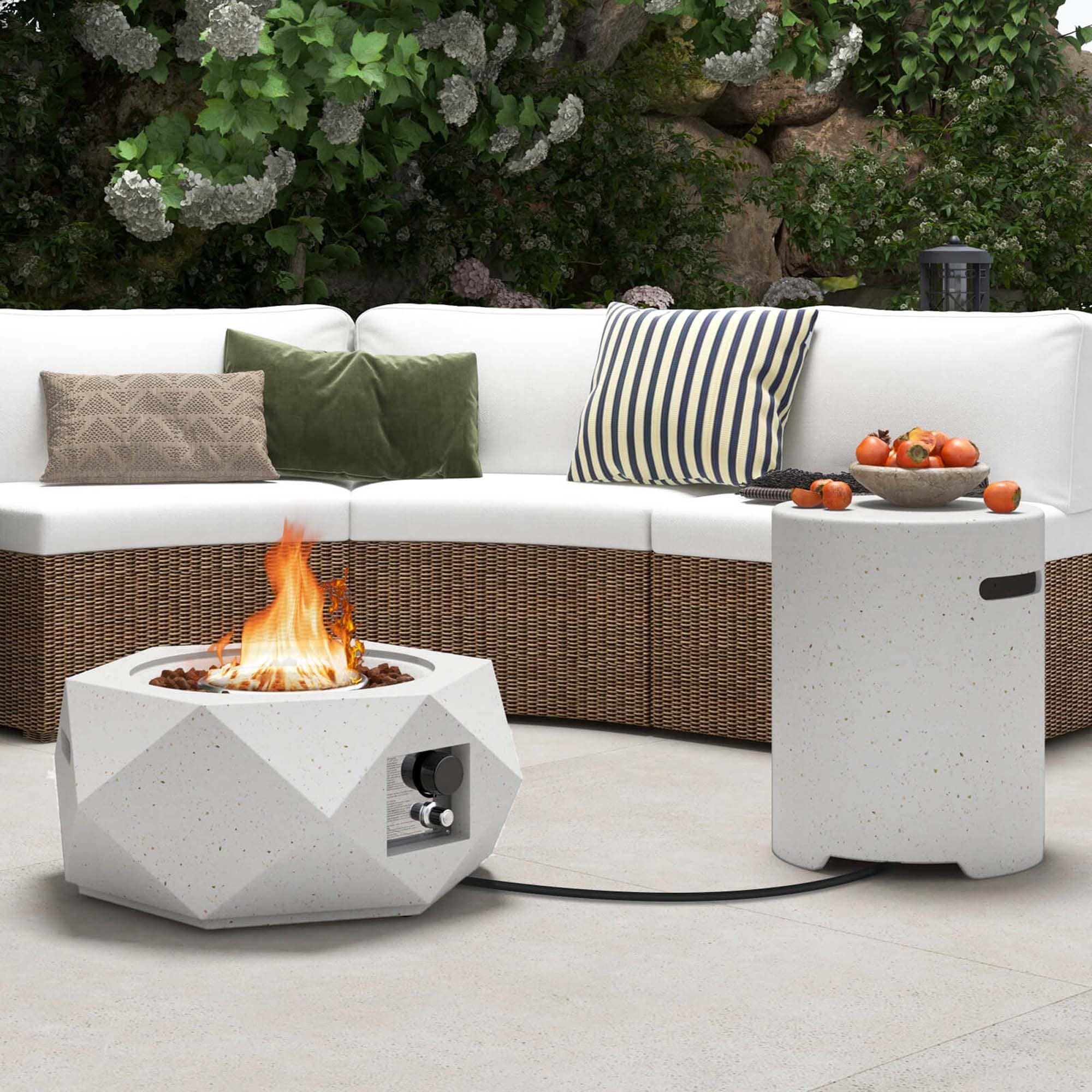 Fire Pit Table Set w/Tank Holder Round Terrazzo Propane Gas Fire