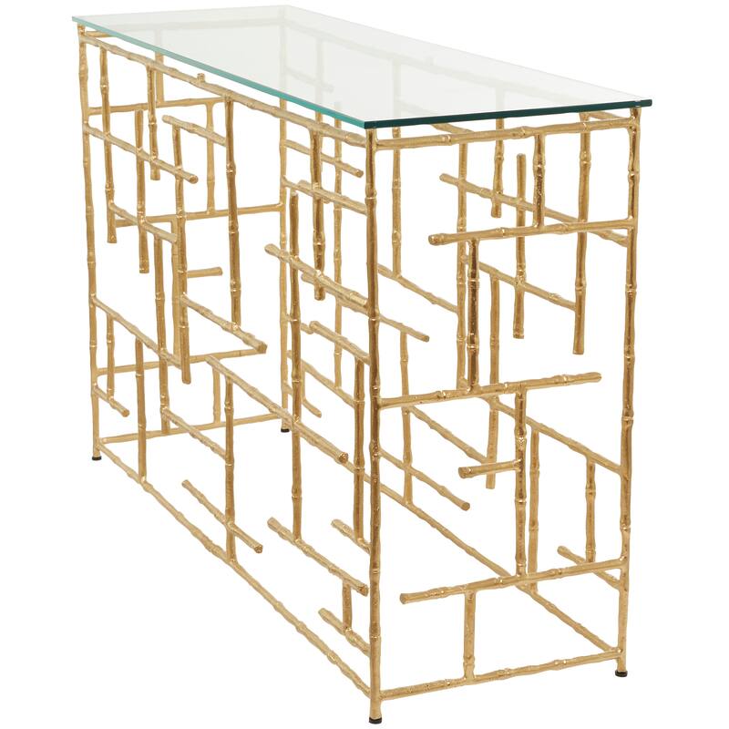 Gold Aluminum Metal Grid Style Frame Geometric Console Table with Clear Glass Top