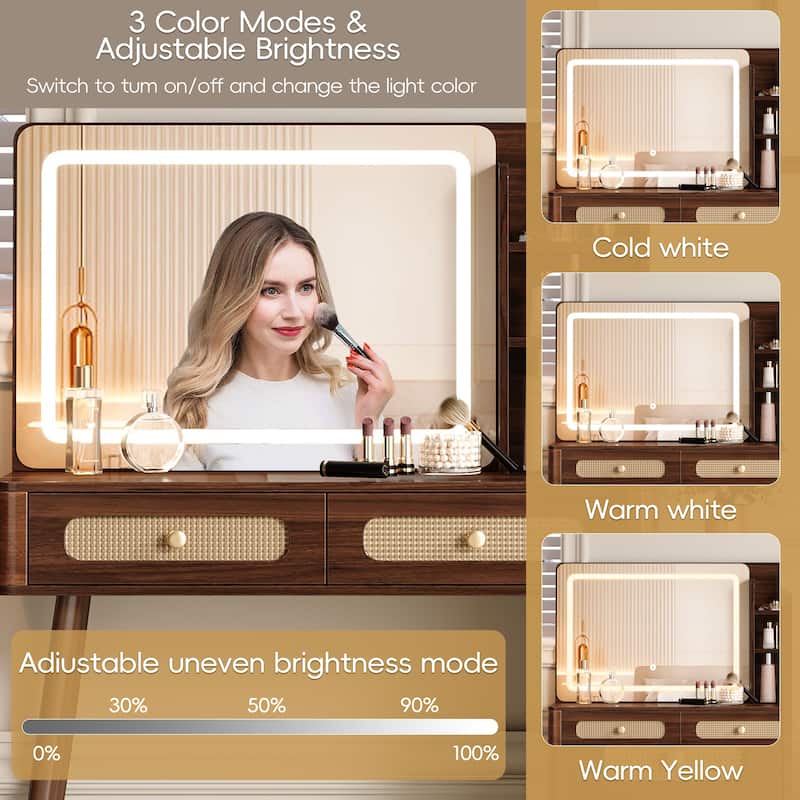 Retro Rattan Makeup Vanity Desk with 5 Drawers and Storage Shelf, Dressing Table with Rectangular Mirror and Touch Light