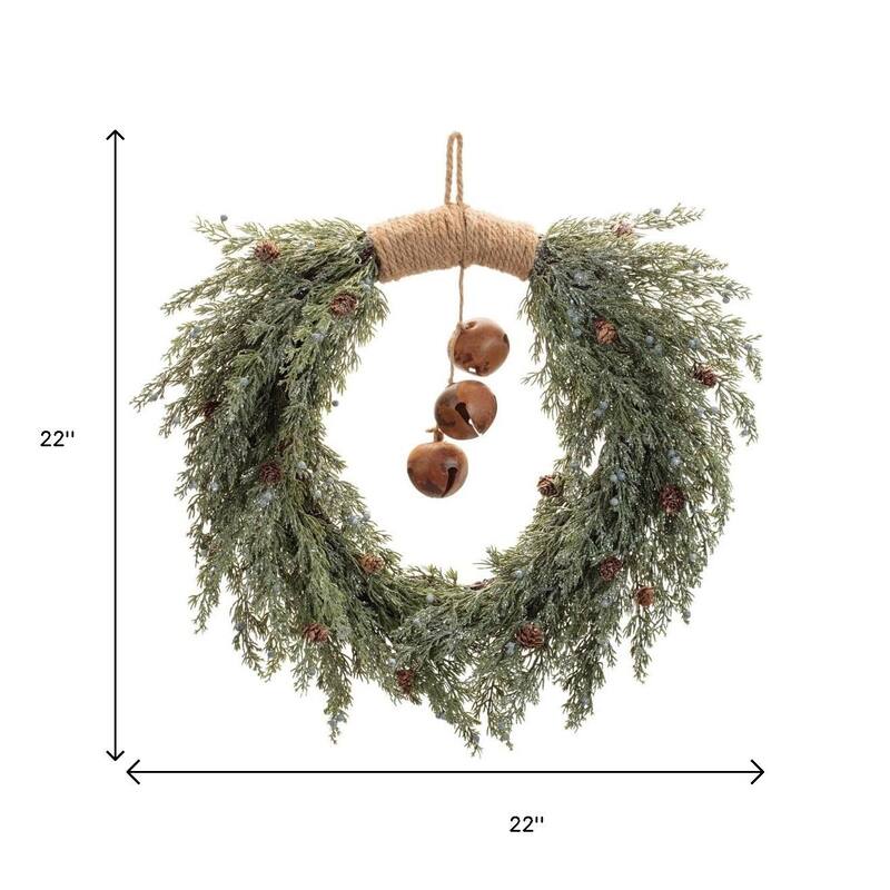 HomeRoots 22" Green And Brown Pine And Jingle Bells Artificial Christmas Wreath