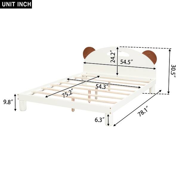 dimension image slide 0 of 2, Cute Full/Twin Size Platform Bed with Bear Ears Headboard, LED Light, Solid Wood Construction, Easy Assembly