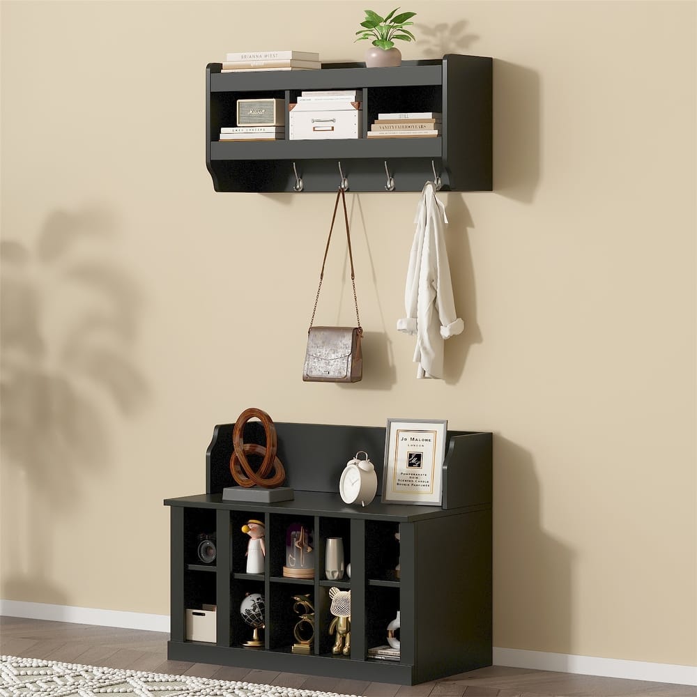 Shoe Storage Bench with Shelves and 4 Hooks