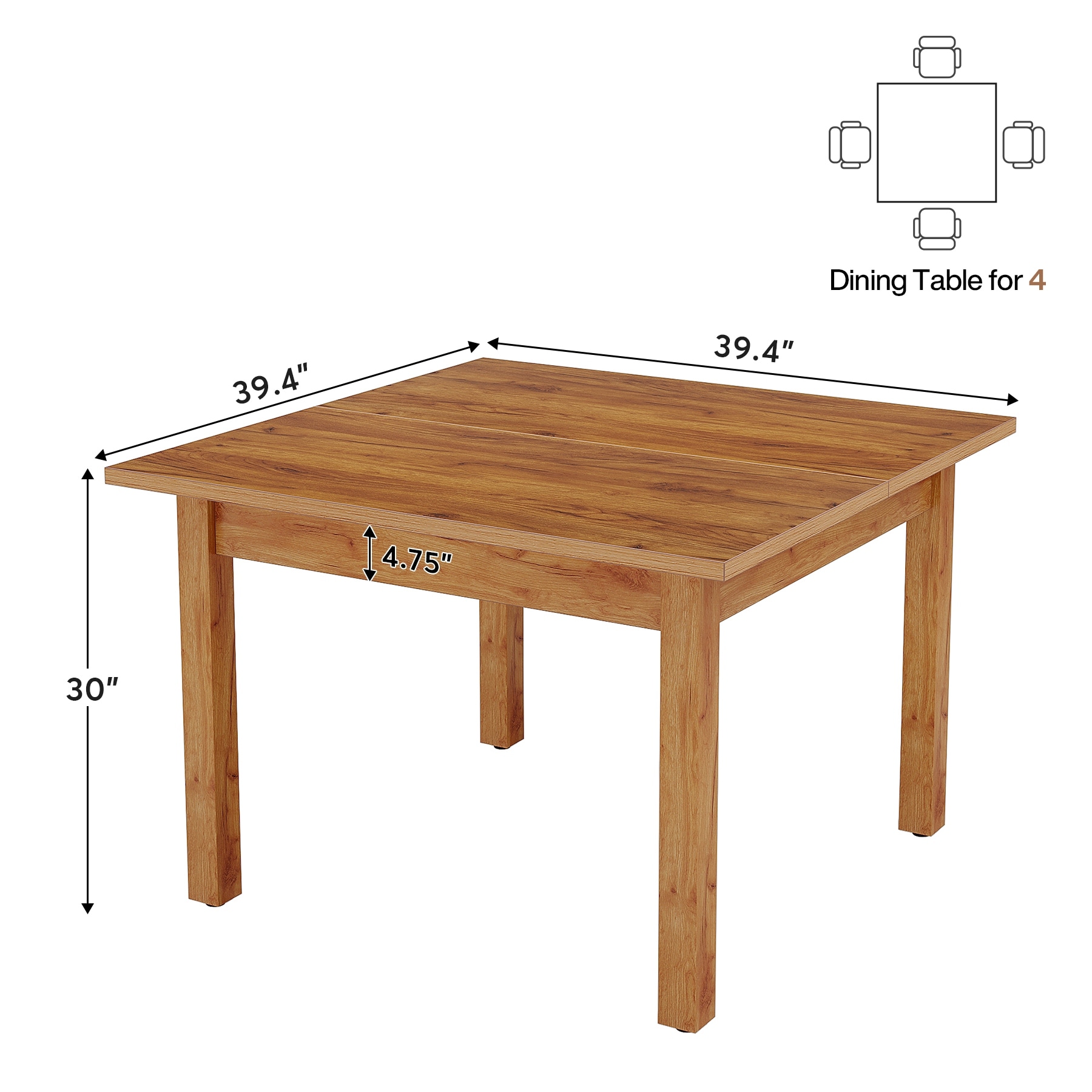 39.4 Inches Square 2-4 People Dining Table with Solid Wood Legs