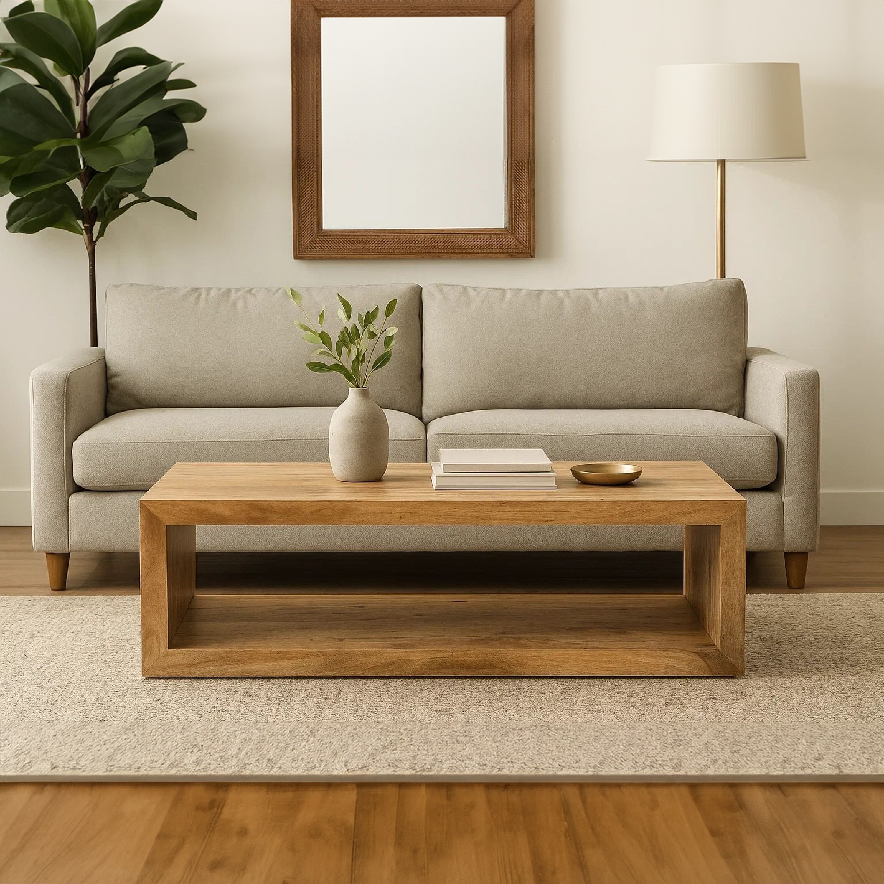 Keli 58 Inch Mango Wood Coffee Table, Open Cube, 1 Shelf, Natural