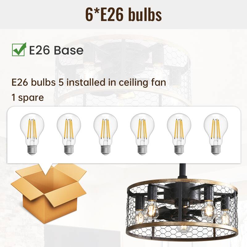 20" Caged Ceiling Fan 5 Pieces Bulb Lights Kit, Remote Control,Matte Black