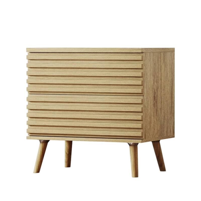 HomeRoots Set of Two 23" Natural Solid Wood Ribbed Texture Two Drawer Nightstand