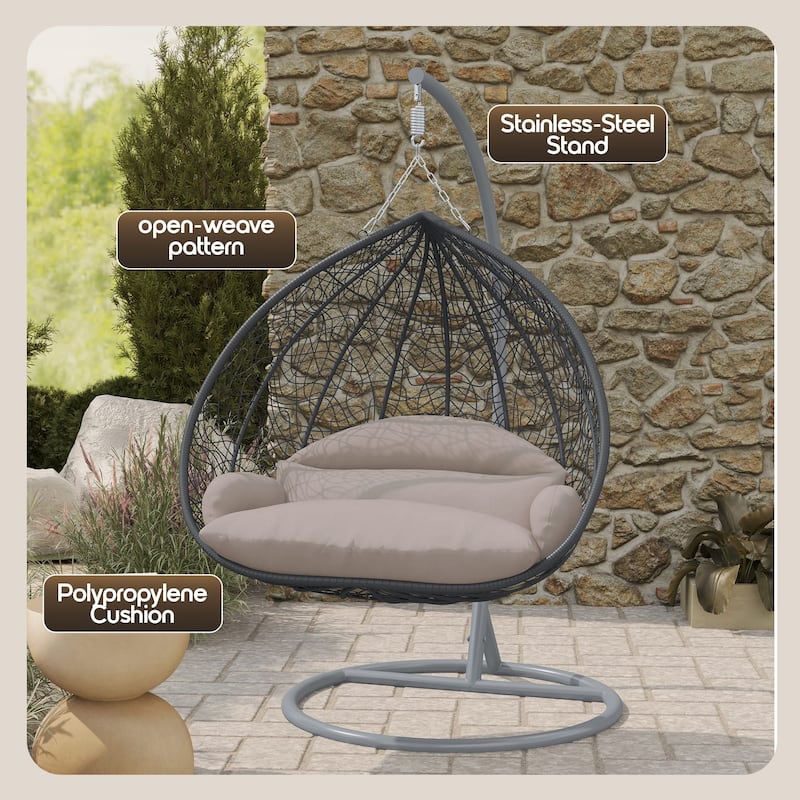 2-Person Egg Swing Chair in Grey Stainless Steel 2-Seater Porch Swing for Outdoor and Indoor - 77.95" Height