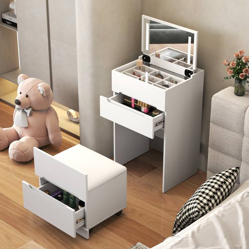 Roomfitters 3-in-1 Vanity Desk with Flip Top Mirror and Glass Desktop, Makeup Vanity Table with 3 Drawers and Stool, White