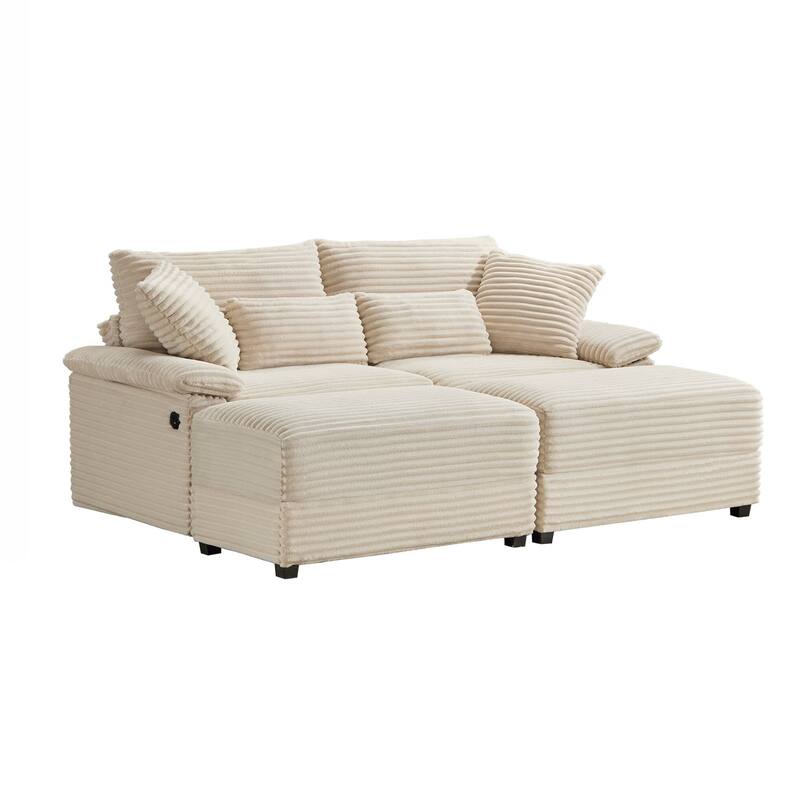 Double Chaise Lounge Set with Reversible Ottoman - Soft Corduroy Fabric, Storage Ottomans,USB Port, Multi-Functional Seat/Table
