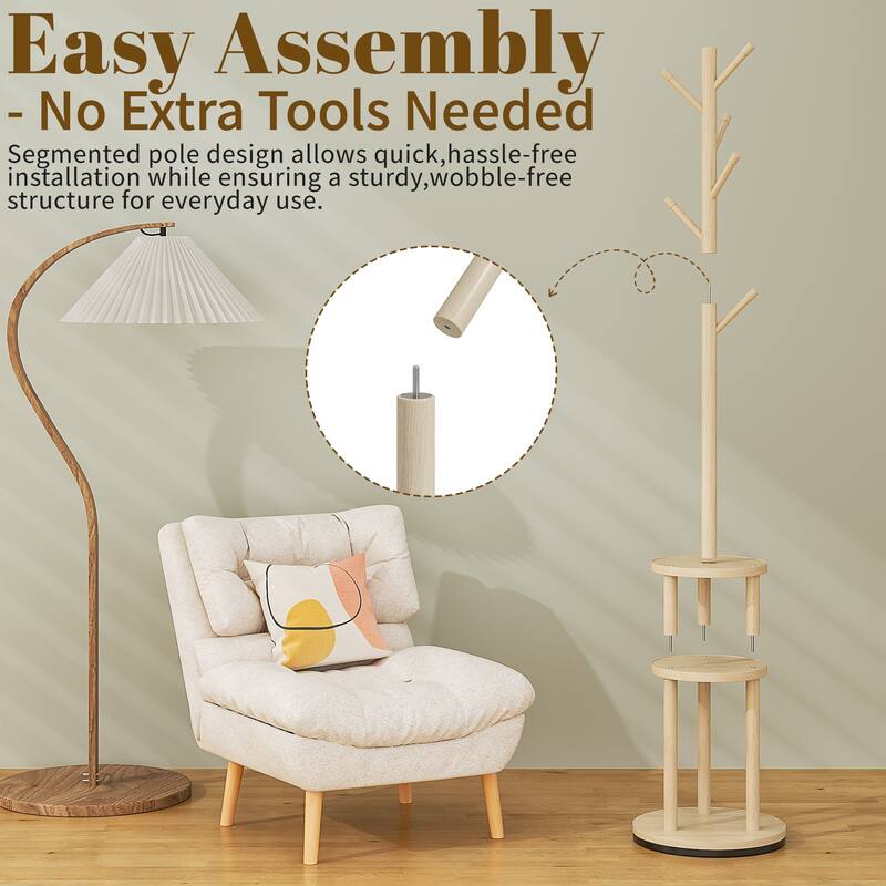 VECELO Modern Freestanding Coat Rack with 6 Branch Hooks Double Shelves, and Shoe Storage for Entryway Living Room Bedroom.