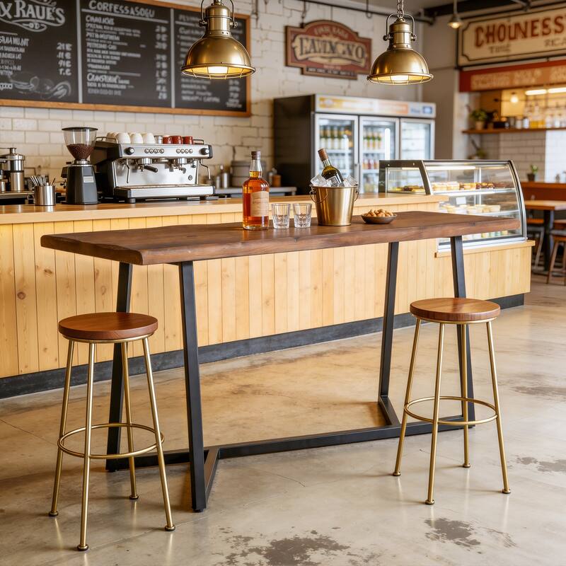 63" Solid Wood Pub Table, Industrial Metal Frame, Counter Height