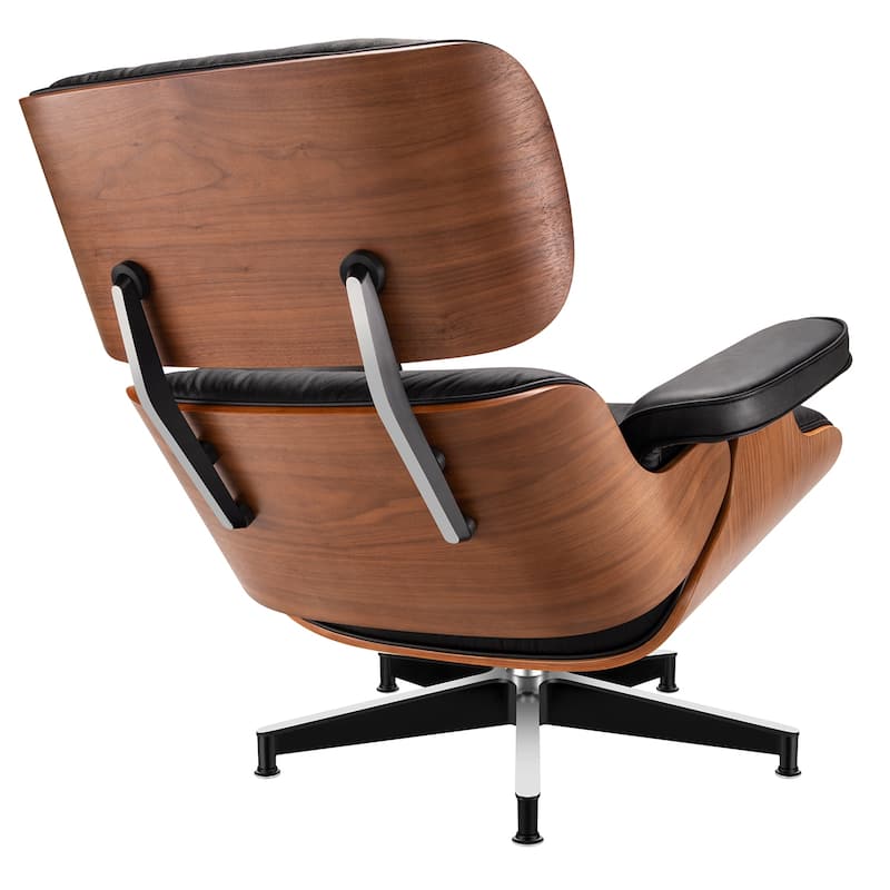 Genuine Leather Accent Lounge Chair and Ottoman Walnut Wood