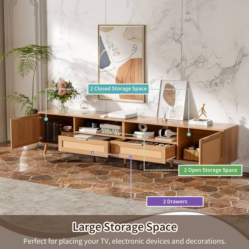 Rattan TV Stand for up to 90" TVs, Farmhouse Media Console with Solid Wood Legs