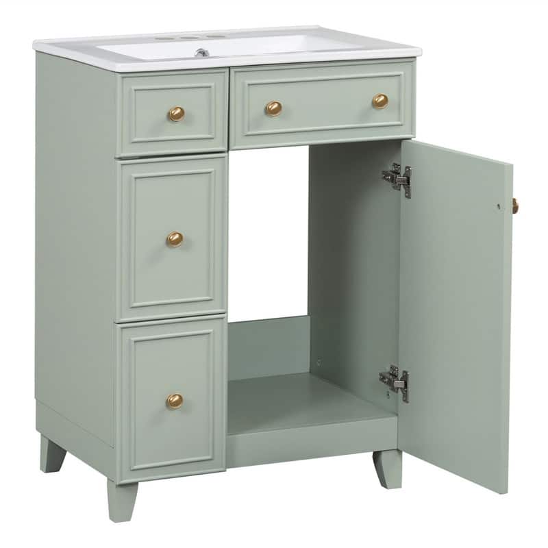 24'' Bathroom Vanity with Ceramic Sink Top, Freestanding Bathroom Vanity Cabinet with 1 Soft Close Door and 2 Storage Drawers