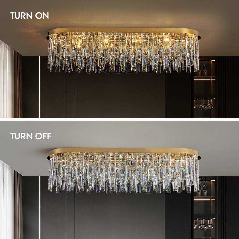 39.3 in. Brass Modern Luxury Crystal Chandelier Rectangular Flush Mount Ceiling Light for Dining Room Living Room