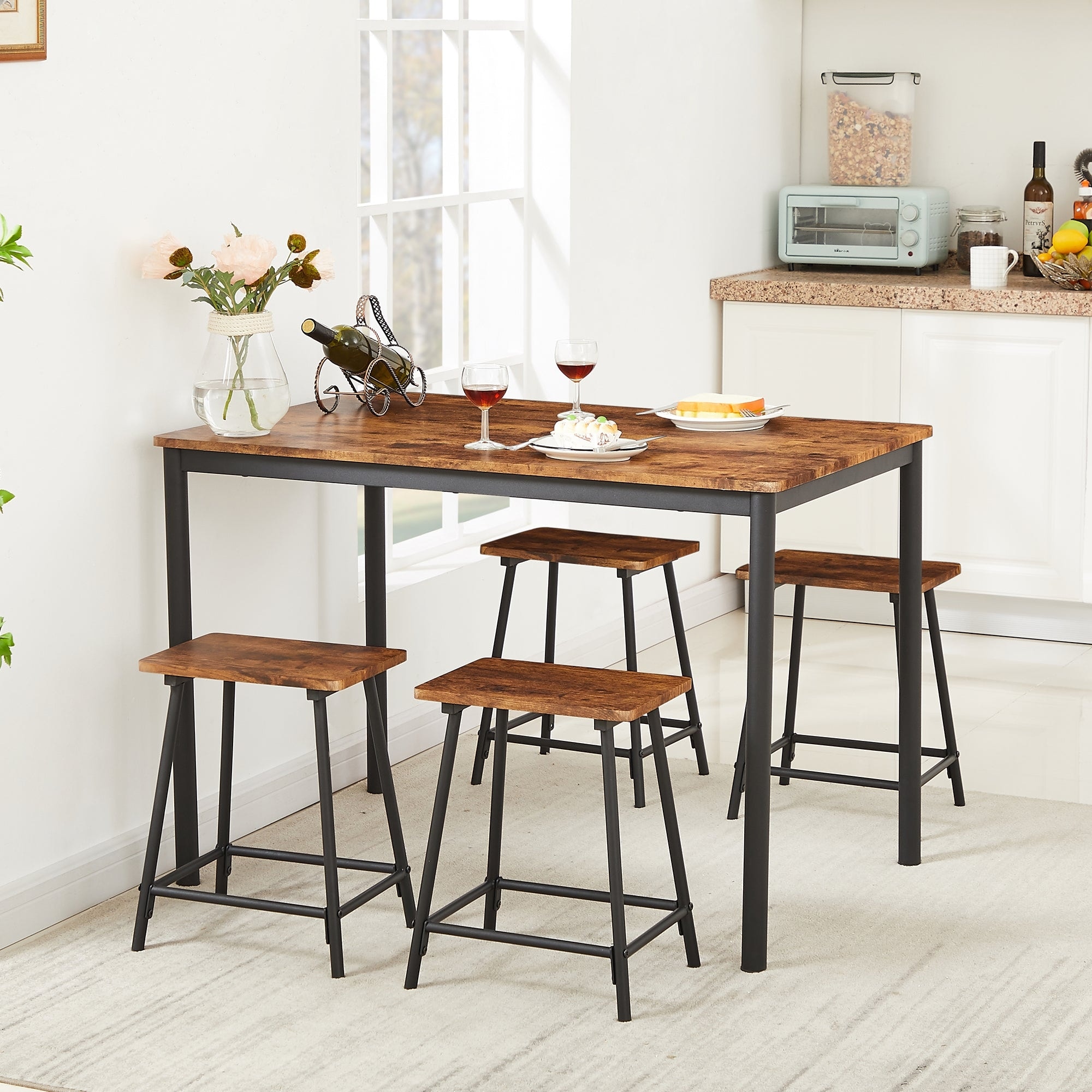 VECELO 5 Piece Dining Table Set with 4 Stools - Thumbnail 4