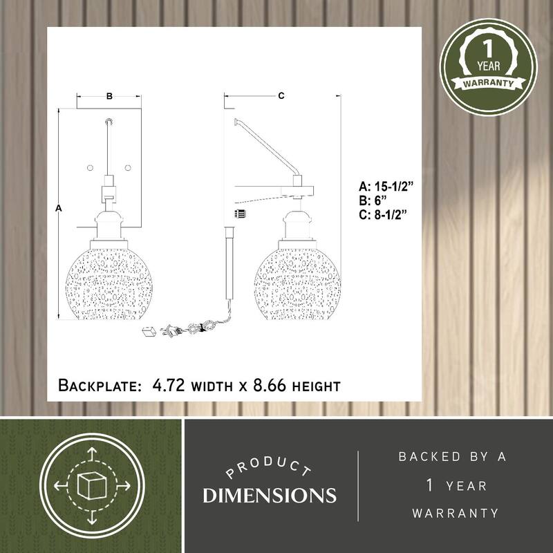 Wall Sconce Reading Light - Plug In Sconce with Wood Accent & Seeded Glass Globe - Satin Nickel Finish - 15.5