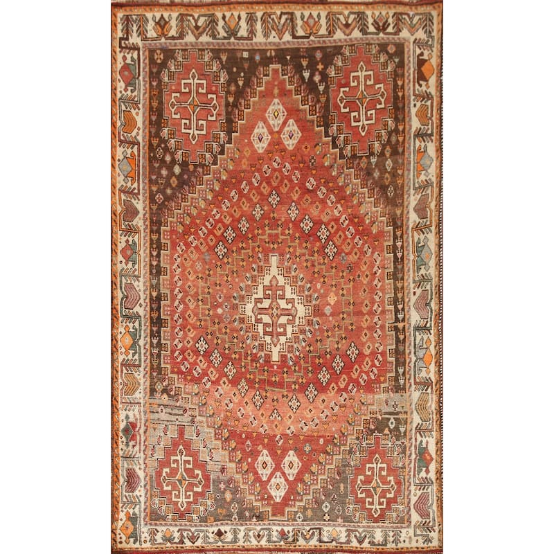 Geometric Shiraz Persian Vintage Area Rug Handmade Orange Wool Carpet - 5'0"x 8'9"
