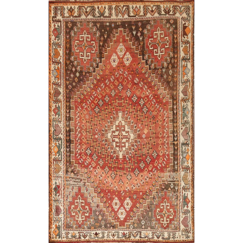 Geometric Shiraz Persian Vintage Area Rug Handmade Orange Wool Carpet - 5'0"x 8'9"