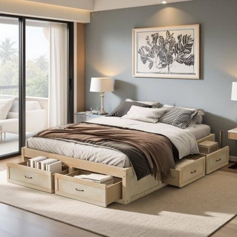 Queen Platform Bed Frame with 6 Built-In Storage Drawers, No Headboard, Low-Profile Antique Finish Design