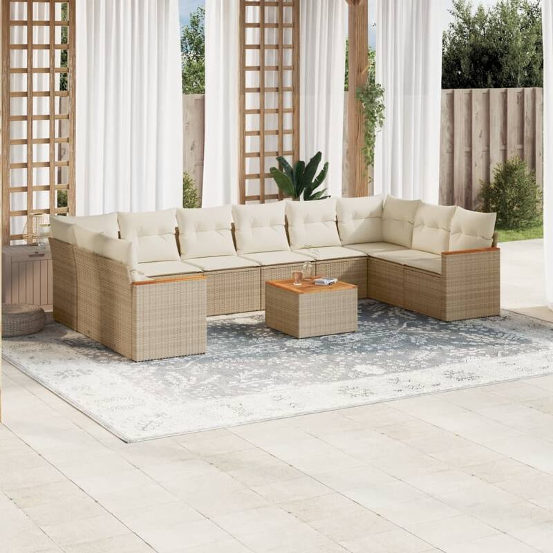 vidaXL Patio Sofa Set with Cushions Outdoor Conversation Furniture Poly Rattan - 24.4 x 24.4 x 27.2 in - Beige with table
