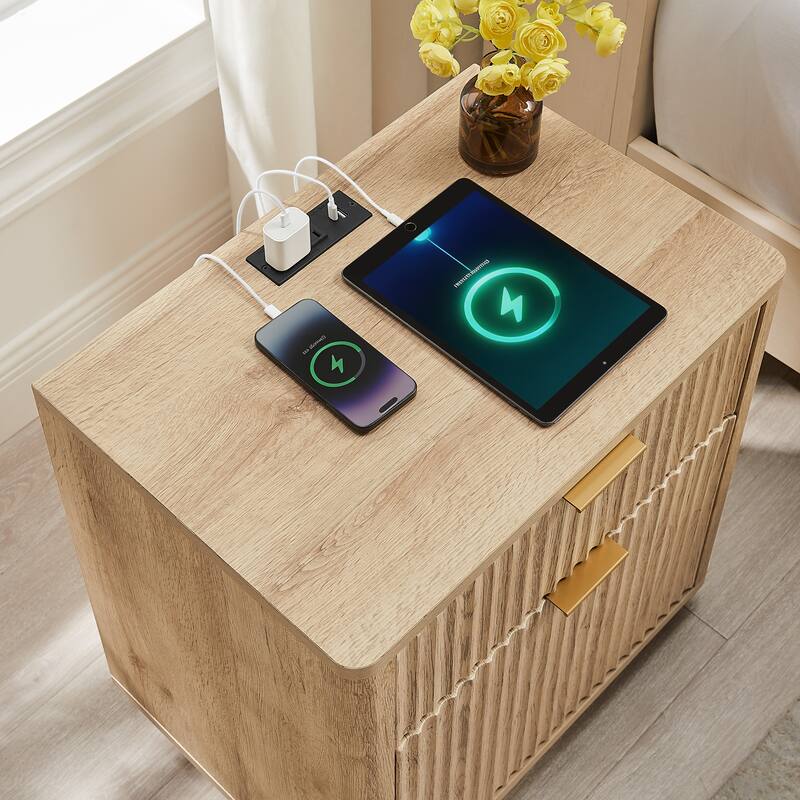 Modern Fluted Nightstand with Charging Station, 2 Drawer Bedside Table