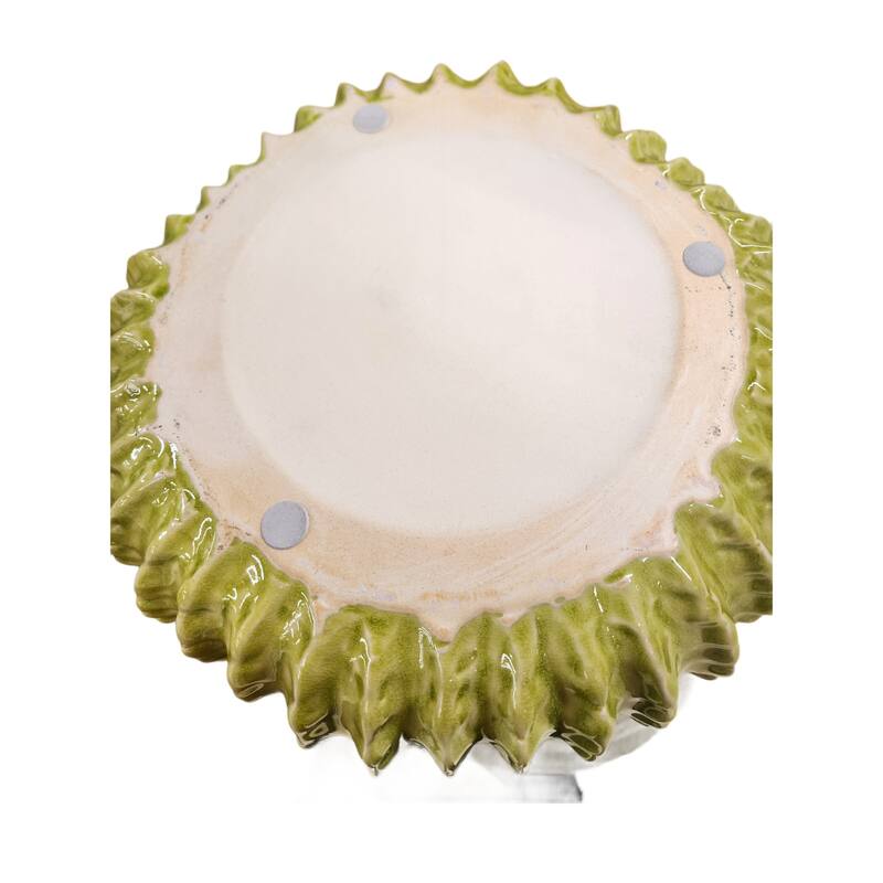 Decorative Planter, Melon Shape, Vertical Ribbed Texture, Green Ceramic