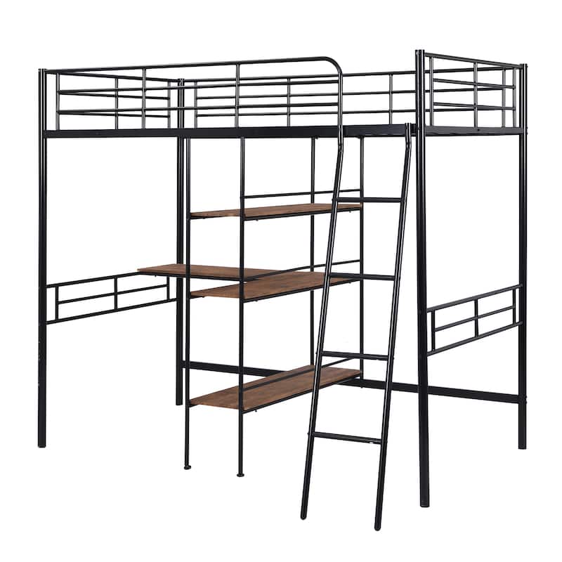 Twin Size Metal Loft Bed with Built-in Desk and Shelves