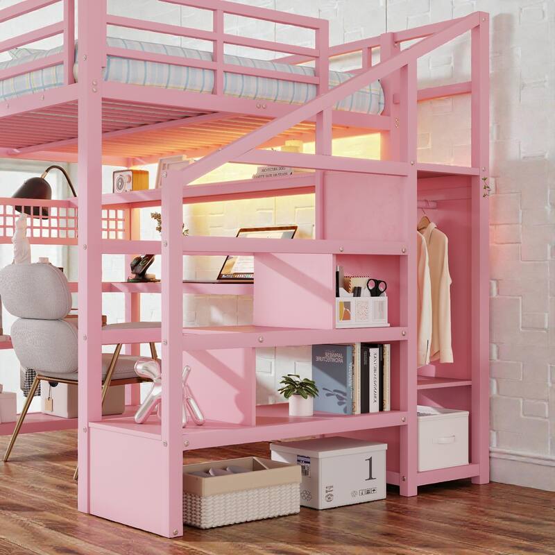 Full Size Metal Loft Bed with Staircase Storage, Wardrobe, Desk, Shelves, LED Lights and Charging Station